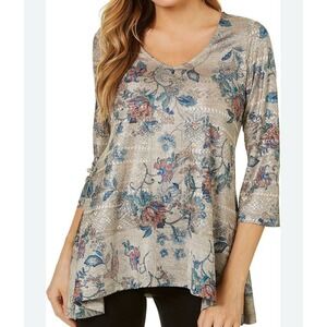 OneWorld Women's 3/4 Sleeve Knit Sharkbite Tunic, Nostalgic Gold 3x‎ Artsy